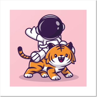 Astronaut With Cute Tiger Cartoon Posters and Art